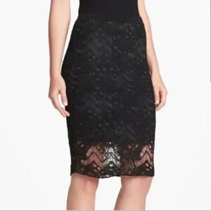 EILEEN FISHER Black Gray Knit Crochet Lace Overlay Straight Pencil Skirt Size XS